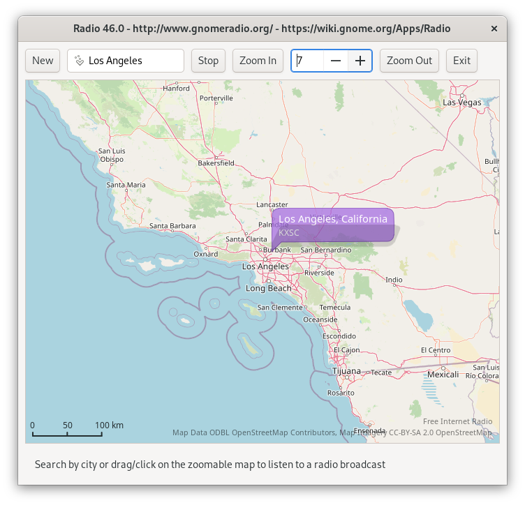GNOME Internet Radio Locator is Free Internet Radio Software for GNOME. The latest GNOME 48.0 release features 227 international radio stations, University of Southern California (KXSC), United States of America (C-SPAN), United Kingdom (BBC), Hawaii Public Radio (NPR), Kyiv Radio (Retro FM), Radio Jazz Copenhagen, SomaFM, University of Washington and 108 city map markers around the world.